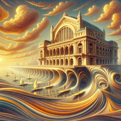 The primary subject of the image is a large building, possibly a castle, situated on a body of water. The building is surrounded by a wave-like structure, giving the impression of being on a boat. The setting is a combination of a beach and a body of water, with a few boats scattered around the area. The visual style is a painting, with a vibrant color palette and a sense of movement and depth. The overall atmosphere is lively and dynamic, with the building and the surrounding environment creating a unique and captiv
